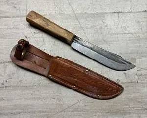 Vintage Old Hickory Ontario Knife Co USA Fixed Blade Knife w Leather Sheath