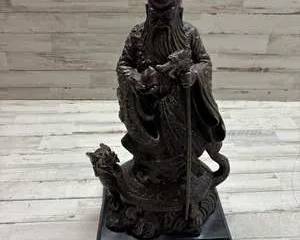 Vintage Bronze Chinese Shou Lao Immortal Statue with Dragon and Turtle Base