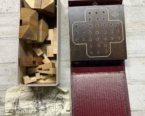 Vintage Japan Wooden Puzzle Lot β Diamond Cube w/ Instructions & Peg Solitaire Game