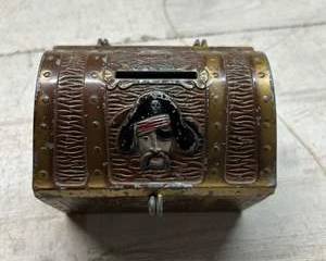 Vintage Pirate Treasure Chest Tin Litho Bank w/ Lock & Key 1950s Toy Chest