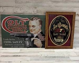Vintage Colt Revolvers & Jack Danielβs Old No 7 Wall Signs β Metal & Framed Pair