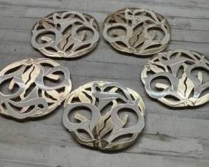 Set of 5 Vintage Brass & Enamel Floral Trivets β Art Nouveau Mid-Century Modern Table Decor