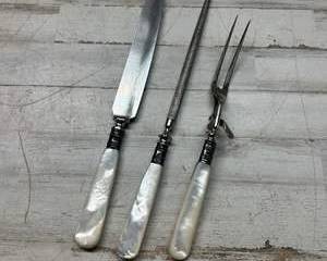 Antique 3-Piece Carving Set β Mother of Pearl Handles & Ornate Silver Collars β Knife, Fork & Sharpener