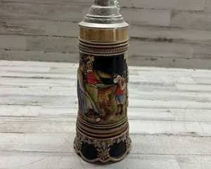 Vintage Western Germany Beer Stein with Pewter Lid Hand Painted Relief Tavern Scene