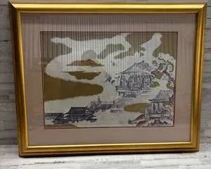 Framed Japanese Style Artwork Gold and Pastel Landscape Print with Temple Scene