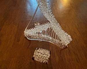 Vintage Hand-Blown Glass Harp Figurine with Mini Bench β Gold Accents & Crystal Detail