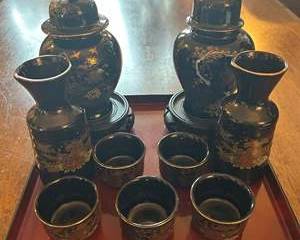 Vintage Japanese Black Lacquer Porcelain Sake Set β Peacock & Chrysanthemum Gold Enamel Design