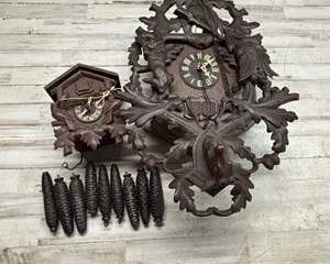 Vintage Black Forest Cuckoo Clocks with Weights Hand Carved Wood German Style