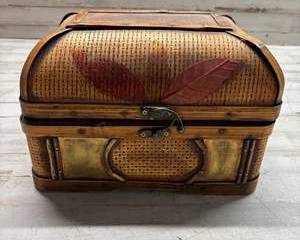 Vintage Woven Wood and Brass Storage Chest Decorative Treasure Box