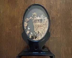 Vintage Chinese Hand-Carved Cork Diorama β Pagoda & Crane Scene in Glass Case with Stand