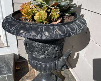 pair very heavy iron planters, 25" tall