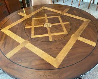 Frontgate table - wood inlay detail, 52” diameter