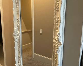 Oversized white framed mirror, 5’ tall & 42” wide