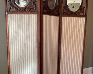 Antique trifold dressing room screen (reversible with mirror & silk accent), 88" tall by 66" wide (fully extended)