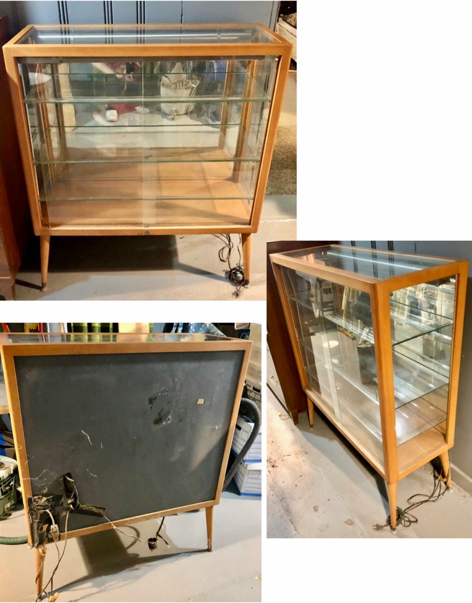 PRE-SALE Mid-Century Modern Glass Front Sliding Door Display Cabinet w Mirror Back & Lighting is 36” wide x 14” deep x 42.5” tall $300