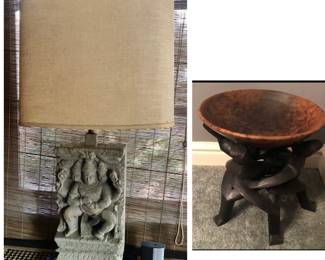 Cool Vintage Lamp and Large Wooden bowl on wood stand
