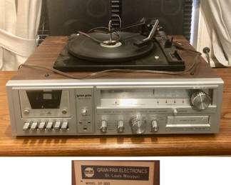 Vintage Grand Prix Stereo System AM/FM Radio, Turn Table, Cassette, 8 Track, Speakers Retro Audio