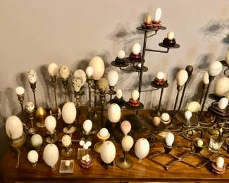 PRE-SALE Fantastic Egg Collection w Over 100 EGGS some Reptiles (Snakes, Turtles, Alligators, Crocodiles, Lizards, Iguana etc), some Birds (Ostrich, Penguins, Puffin, Owls, Flamingos, Ducks etc ) Includes Brass & Other Holders. Plus Waterford Crystal, Marble, Wood, Stone etc… Entire Collection AS IS $250
