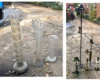 3 Very Tall Clear Glass floor Vases and Several Vintage / Antique Metal Lamps