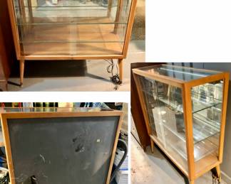PRE-SALE Mid-Century Modern Glass Front Sliding Door Display Cabinet w Mirror Back & Lighting is 36” wide x 14” deep x 42.5” tall $300