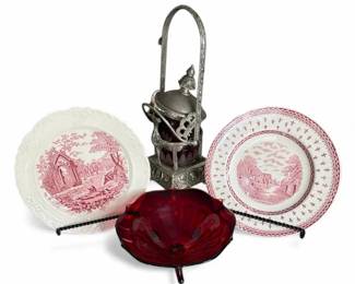 Silverplate Pickle Castor with Cranberry Glass Red Transferware Collection