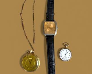 Vintage Watch Trio Waltham Pocket Watch, Swiss Pocket Watch, and Japan Quartz Wristwatch