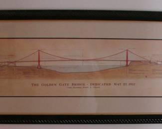 Engineer's rendering of the Golden Gate Bridge.   Colored lithograph.  Unframed work is 10" X 33".