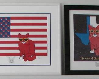 On the left is "Red Cat, White, and Blue" color lithograph by Jim Tweedy.  Unframed work is 16.5" X 21".  Signed and numbered in pencil.  On the right is "The Eyes of Charlie Are Upon You" artist proof by Jim Tweedy.  Unframed work is 17.5" X 19".