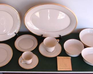 Six 9-piece place settings (dinner plate, dessert plate, bread plate, salad bowl, soup bowl, coffee cup and saucer, demitasse and saucer) of Eternal by Lenox.  Platter and serving bowl included.
