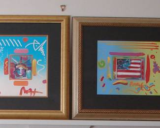 Two Peter Max creations in mixed media with acrylic painting and collage on paper.  On the left is "Liberty Head II" measuring 14" X 12".  On the right is "Flag with Heart" also 14" X 12".