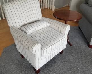 Striped arm chair; pedestal accent table