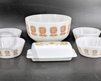 VINTAGE PYREX AND FIREKING SUNFLOWER AND BUTTERFLY GOLD BOWLS
