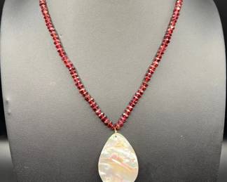 14K Gold Faceted Garnet Necklace with Baroque Pearl Pendant