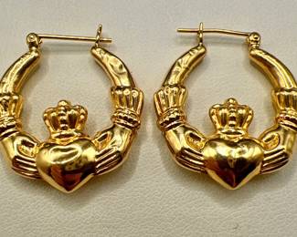 14K Gold Claddagh Puffy Lightweight Hoop Earrings