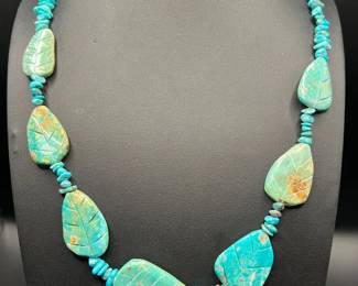 925 Carved Turquoise Necklace with Sterling Silver Clasp