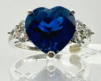 Blue Sapphire Heart Sterling Silver Ring with White Sapphires NWT — Size 7