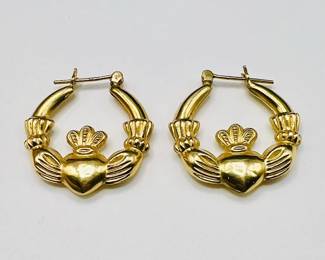 14KT Gold Irish Claddagh Jewelry Hoop Earrings