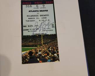 Atlanta braves vs Milwaukee Brewers March 31, 1998 signed ticket stub.
