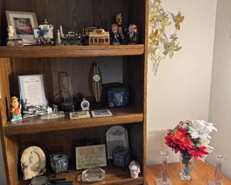 Candles, Trump items, book shelf
Oak End table