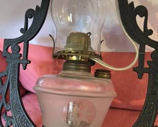 Antique Cast Iron Hanging Oil Lamp with Frosted Glass Shade 