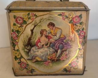 Victorian Lithograph Tin Box with Romantic Scene 