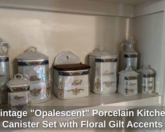 Vintage "Opalescent" Porcelain Kitchen Canister Set with Floral Gilt Accents 