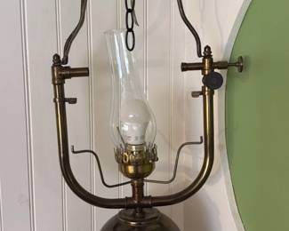 Victorian Era Brass Hanging Oil Lamp with Electric Conversion 
