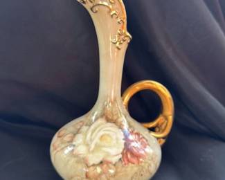 Vintage Porcelain Ewer with Floral Design and Gold Accents 