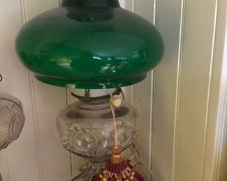Victorian Oil Lamp with Green Glass Shade 