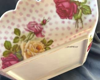 Hand-painted Porcelain Trinket Dish with Roses and Pink/Yellow Stripes