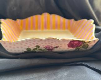 Hand-painted Porcelain Trinket Dish with Roses and Pink/Yellow Stripes