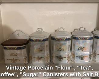 Vintage Porcelain "Flour" "Tea" "Coffee", "Sugar" Canisters with Salt Box 