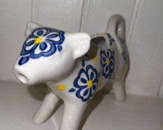 Ceramic Cow Figurine with Blue and Yellow Floral Pattern 