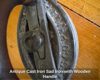 Antique Cast Iron Sad Iron with Wooden Handle 